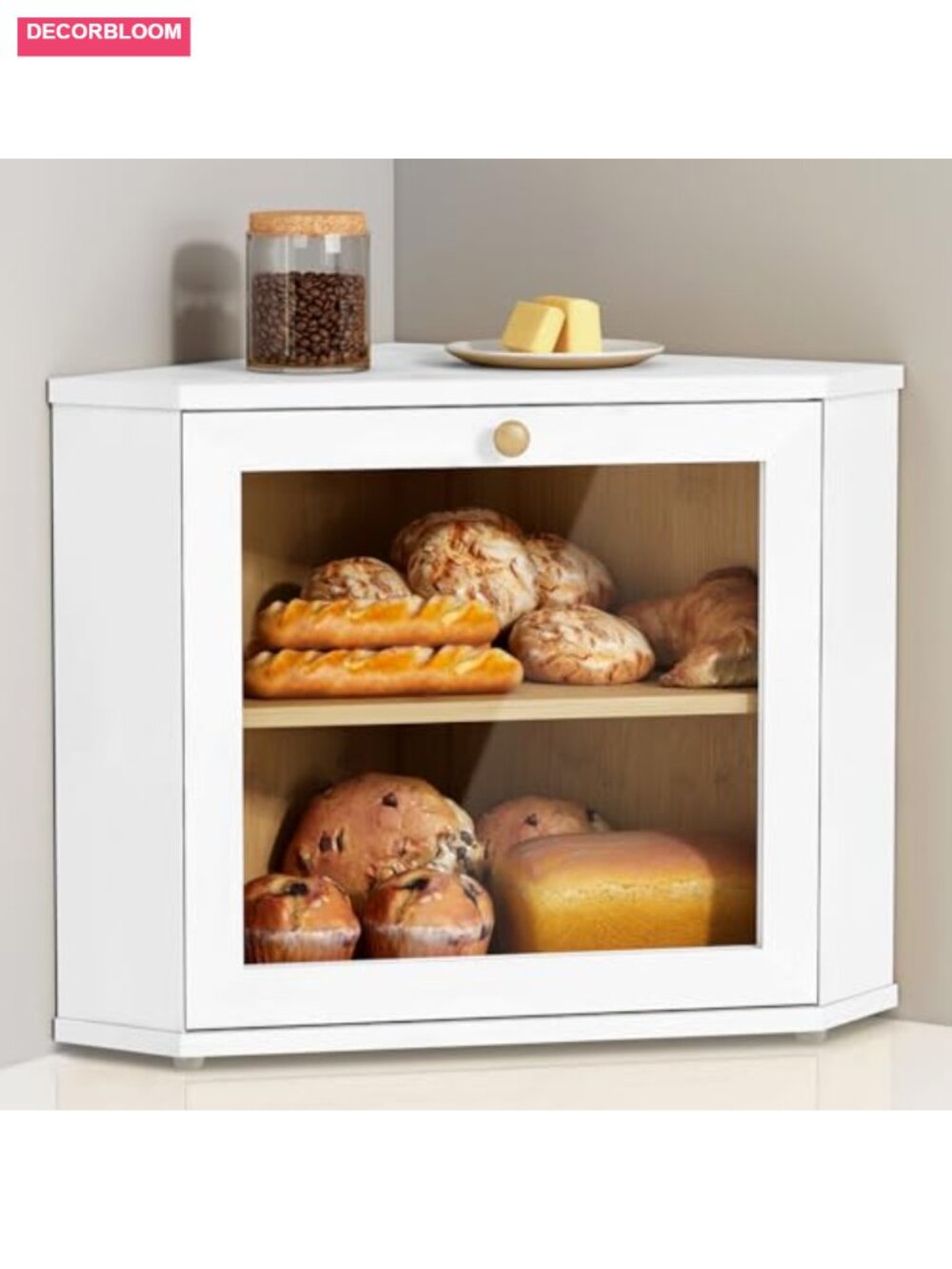 Corner Bread Box Double Layer Bamboo Kitchen Storage with Acrylic Window